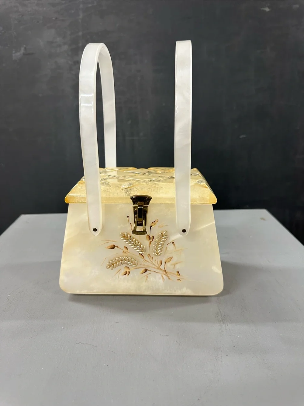 Vintage 40’s Bakelite Ivory Pearlized Box Purse with Gold Accent and Wheat Motif